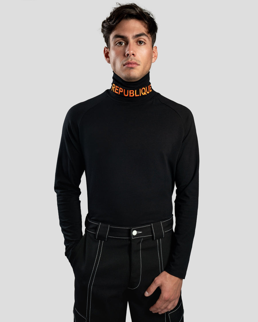 Col roulé noir 100% coton brodé orange  | Republique Joseph | vêtement homme 